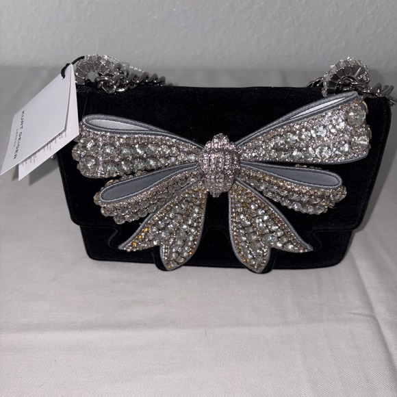Kurt Geiger Handbags - Kurt Geiger Black Velvet Crystal Bow Crossbody Bag Mini Shoulder Chain Purse new